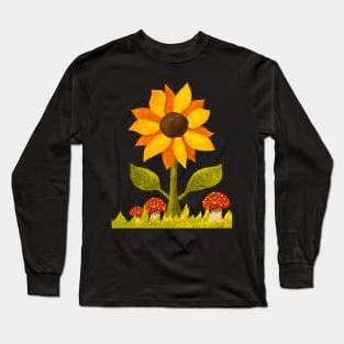 Sunflower in the grass along with some amanita mushrooms. Textured Illustration. Long Sleeve T-Shirt